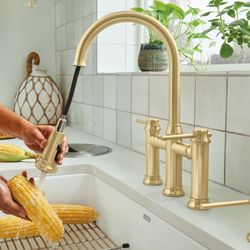 Empressa Pull-Down Dual-Spray Bridge Faucet - Satin Gold, 442981